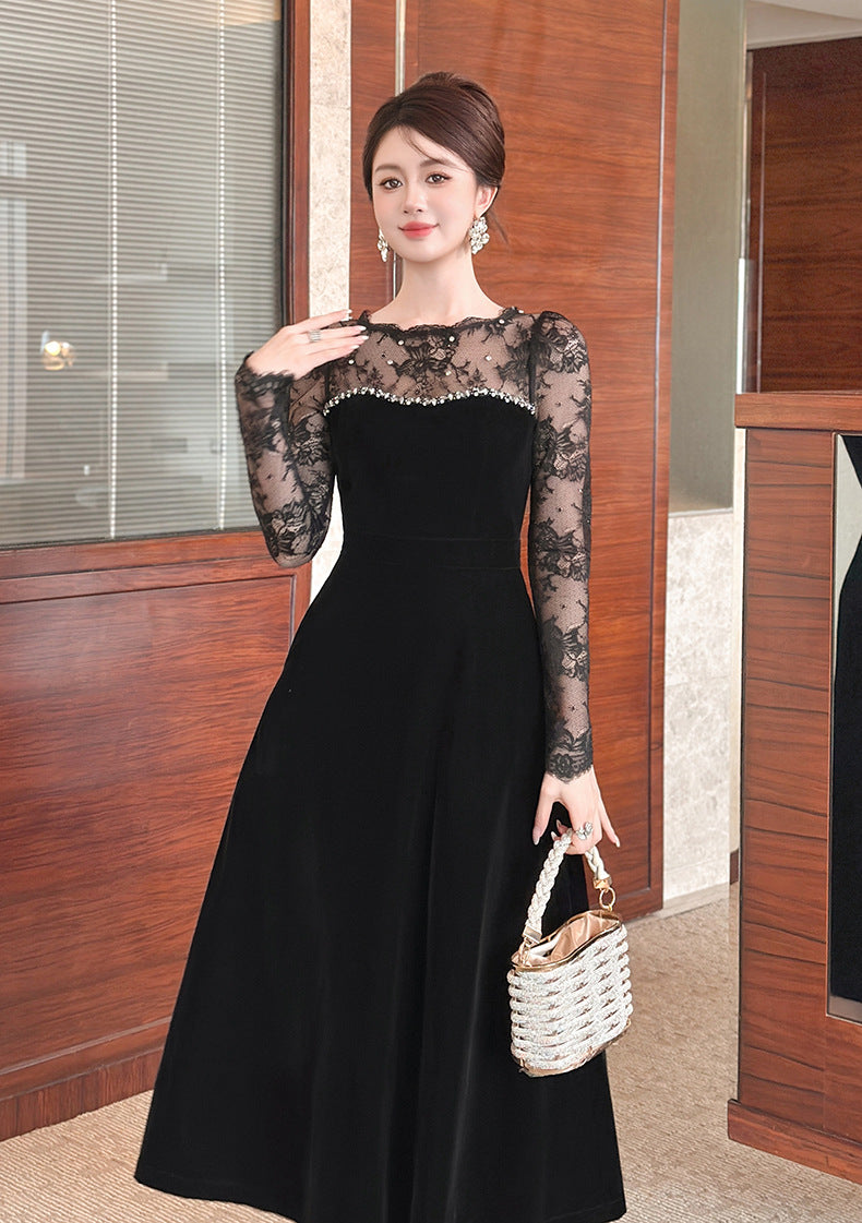 BLACK VELVET RHINESTONE MAXI DRESS WITH LACE SLEEVES