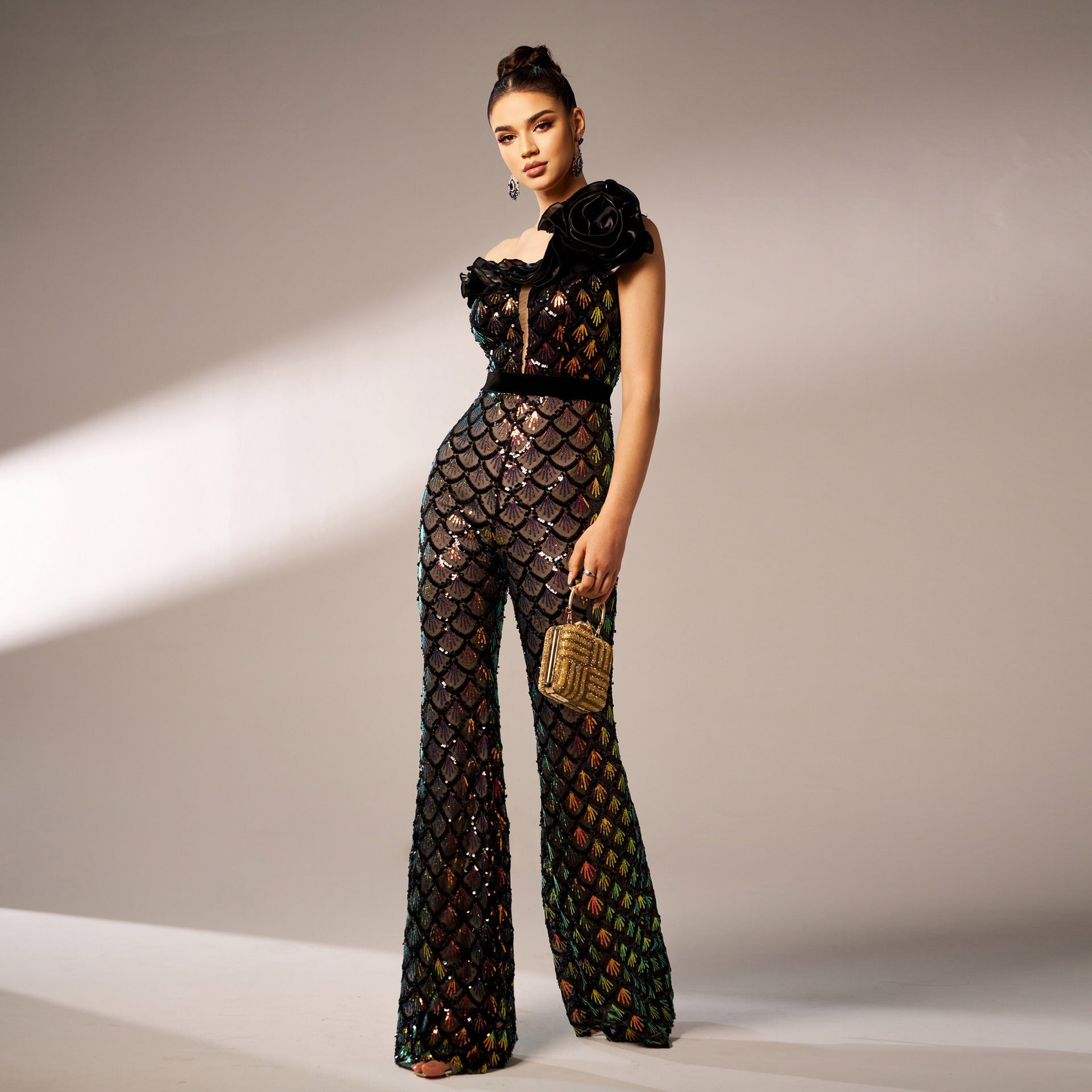 MERMAID SCALE SEQUIN ONE-SHOULDER JUMPSUIT