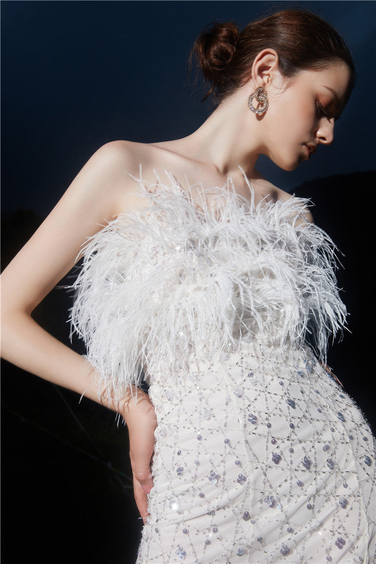 HAUTE COUTURE WHITE FEATHER SEQUIN DRESS