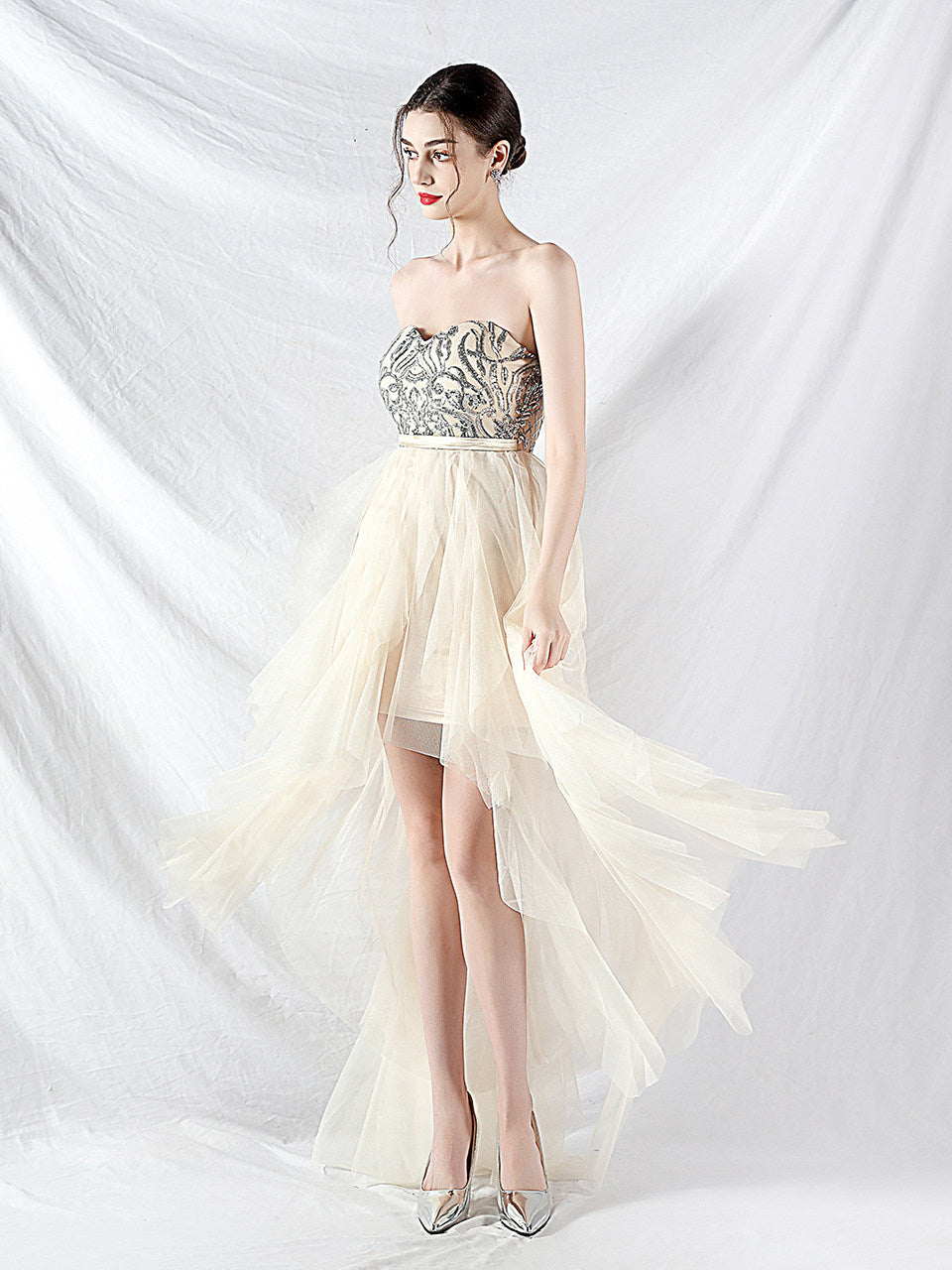 STRAPLESS SEQUIN TULLE MIDI DRESS FOR PARTY