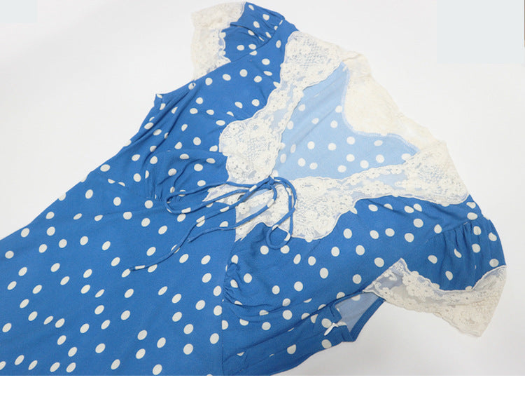 POLKA DOT LACE V-NECK MAXI DRESS IN BLUE