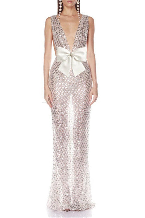 REBECCA SILVER SEQUIN V-NECK MAXI DRESS FOR EVENING