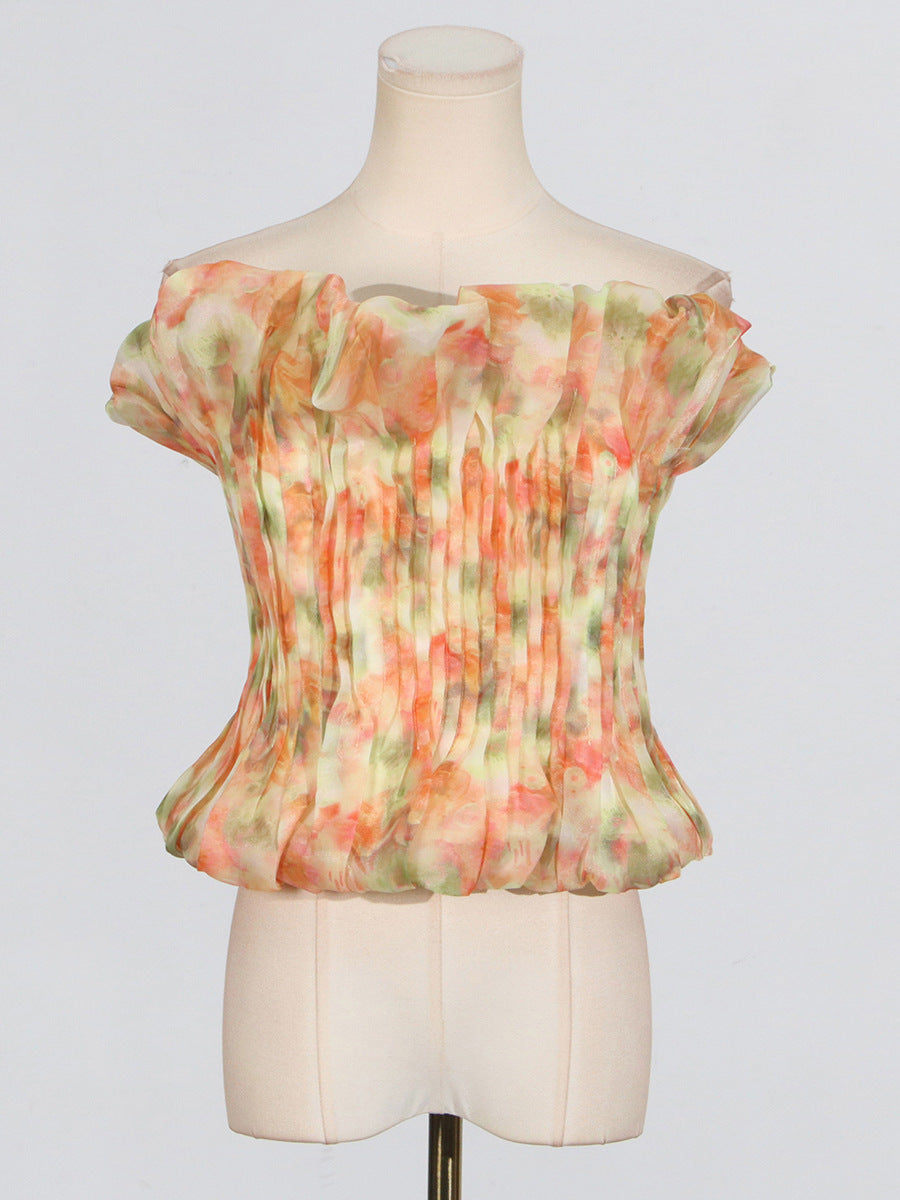 PRINT RUFFLE TRIM YELLOW TOP FOR CASUAL DAYS