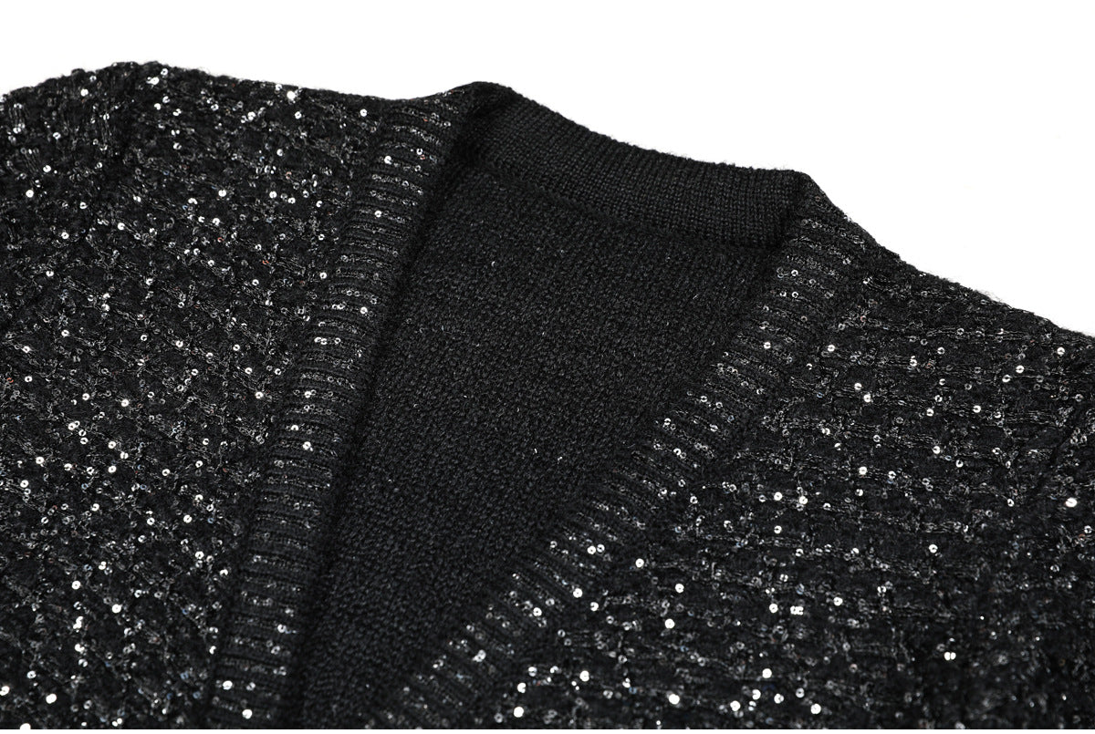 SEQUIN V-NECK CARDIGAN BLACK PARTY TOP