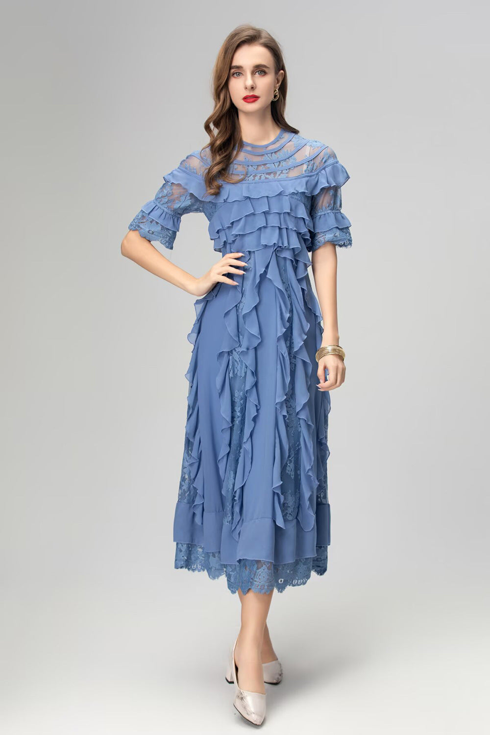 LORRAINE LACE MIDI DRESS WITH RUFFLE TRIM IN BLUE