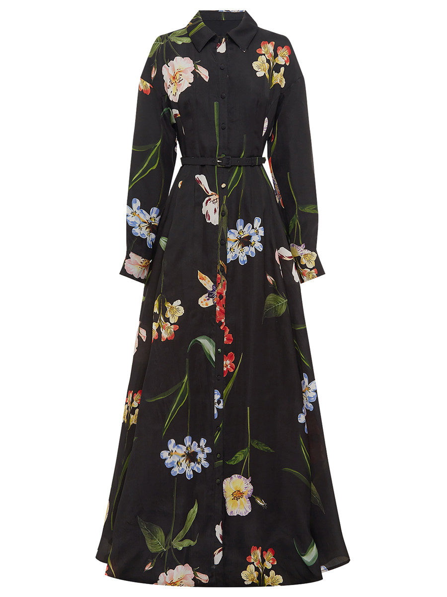 BLACK FLORAL BELTED SHIRT MAXI DRESS WITH SLIT