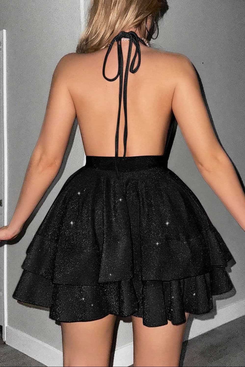 VIRGINIA A-LINE HALTER TIERED MINI DRESS BLACK
