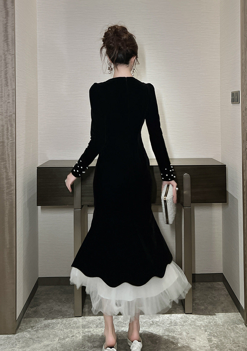 ZONA BLACK BEADED VELVET FISHTAIL MAXI DRESS