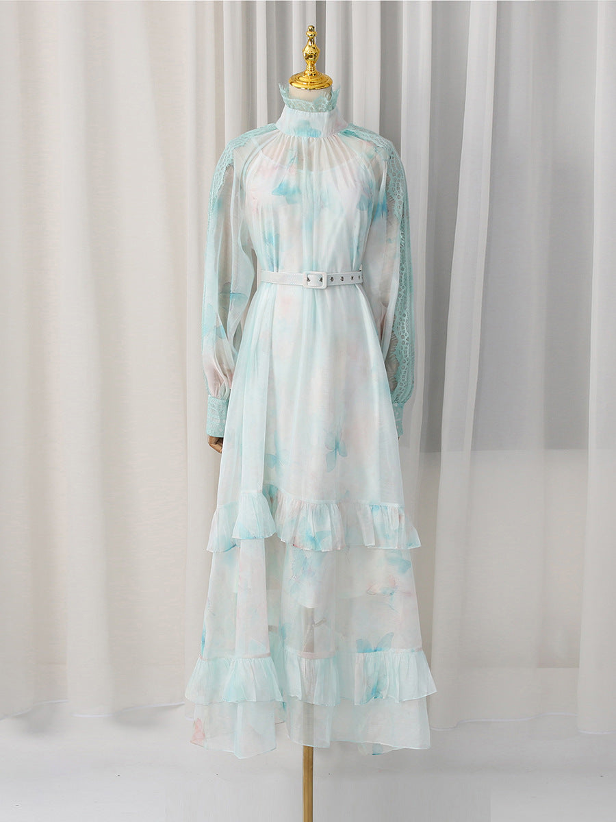 OLGA FLORAL LANTERN SLEEVE SHEER MAXI DRESS