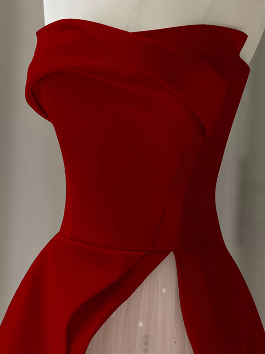 BURGUNDY SATIN ALINE SLEEVELESS LONG PROM DRESS