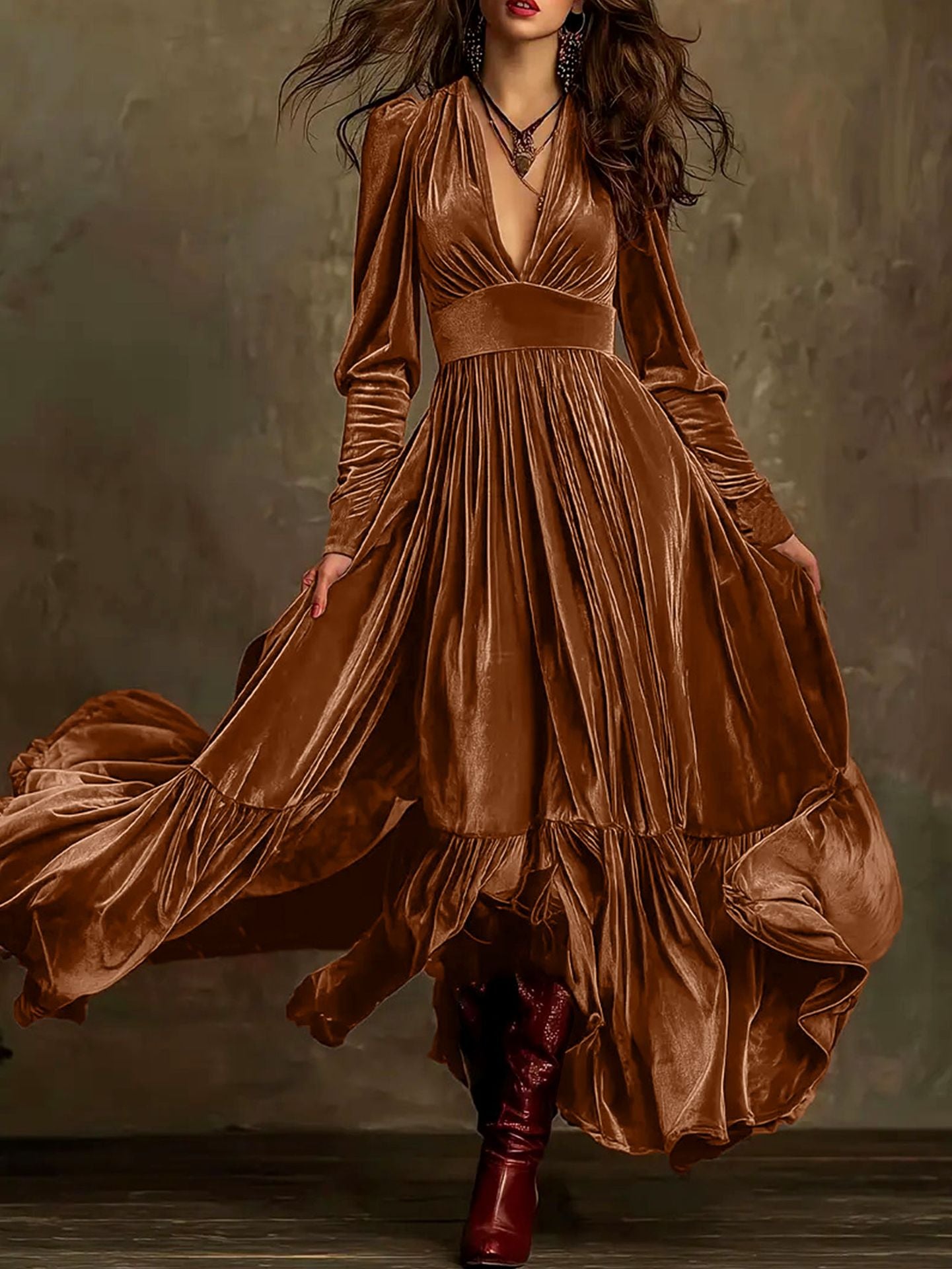 O1CN01fBdFpH1QQJLYLRKeR__2216361781970-0-cib RETRO V-NECK VELVET RUFFLE SWING DRESS