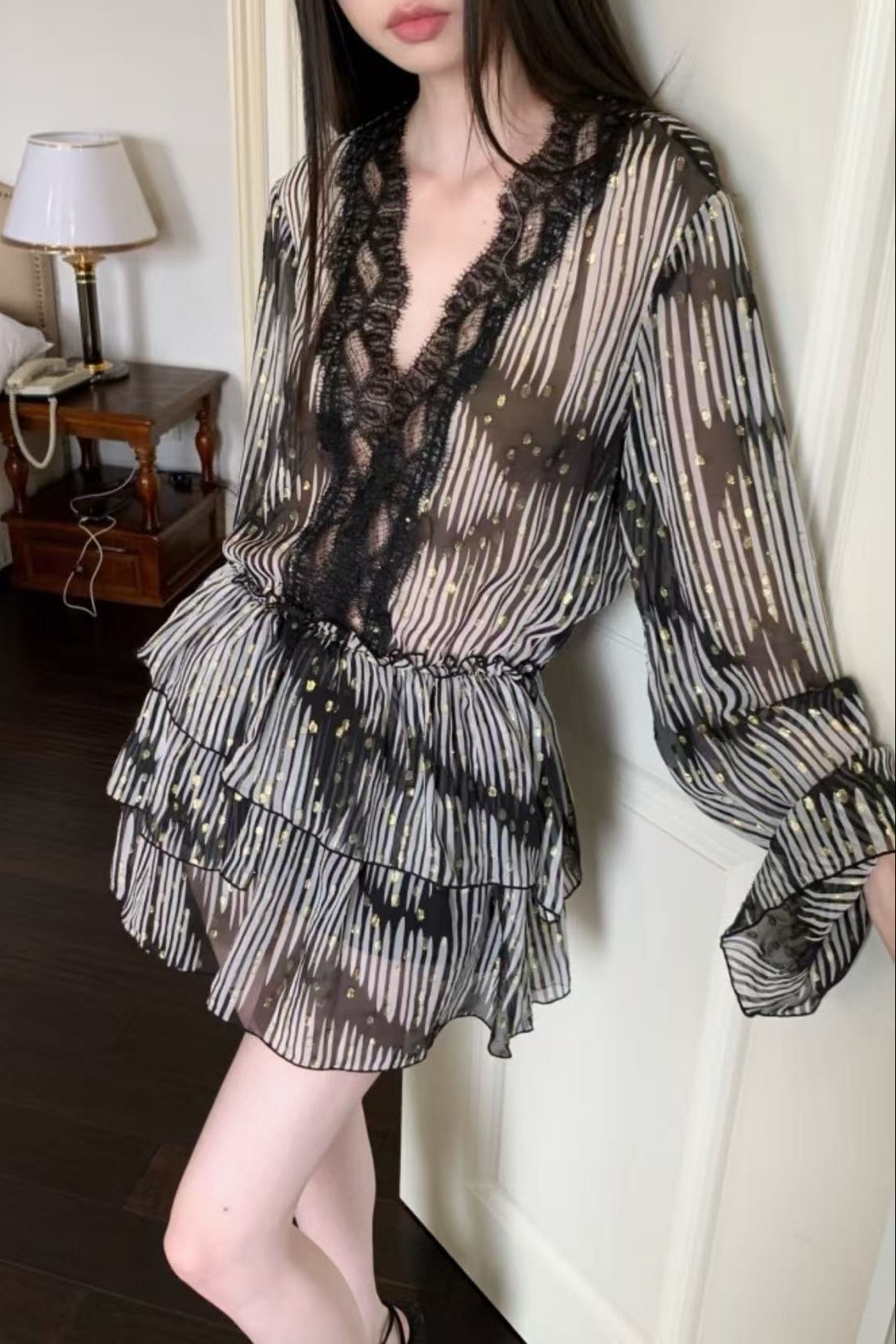 GEORGIA GOLD LACE JACQUARD MINI SHIRT DRESS - BLACK