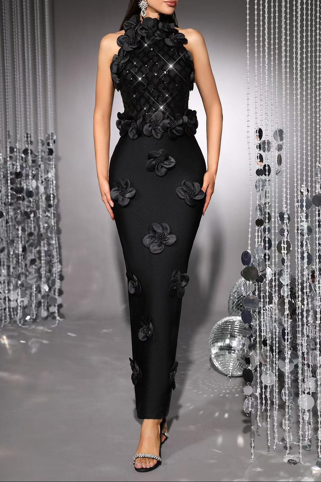 PHOENIX 3D FLOWER SEQUIN HALTER MAXI DRESS BLACK