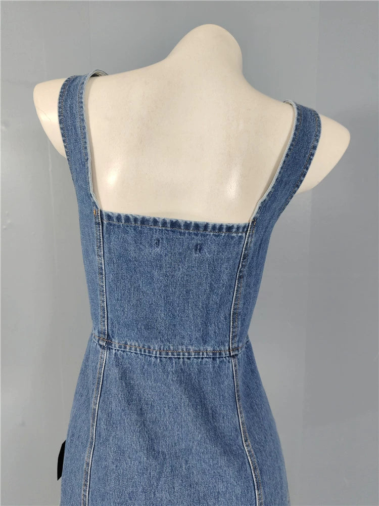 DENIM SQUARE NECK SUSPENDER SLIM MINI DRESS