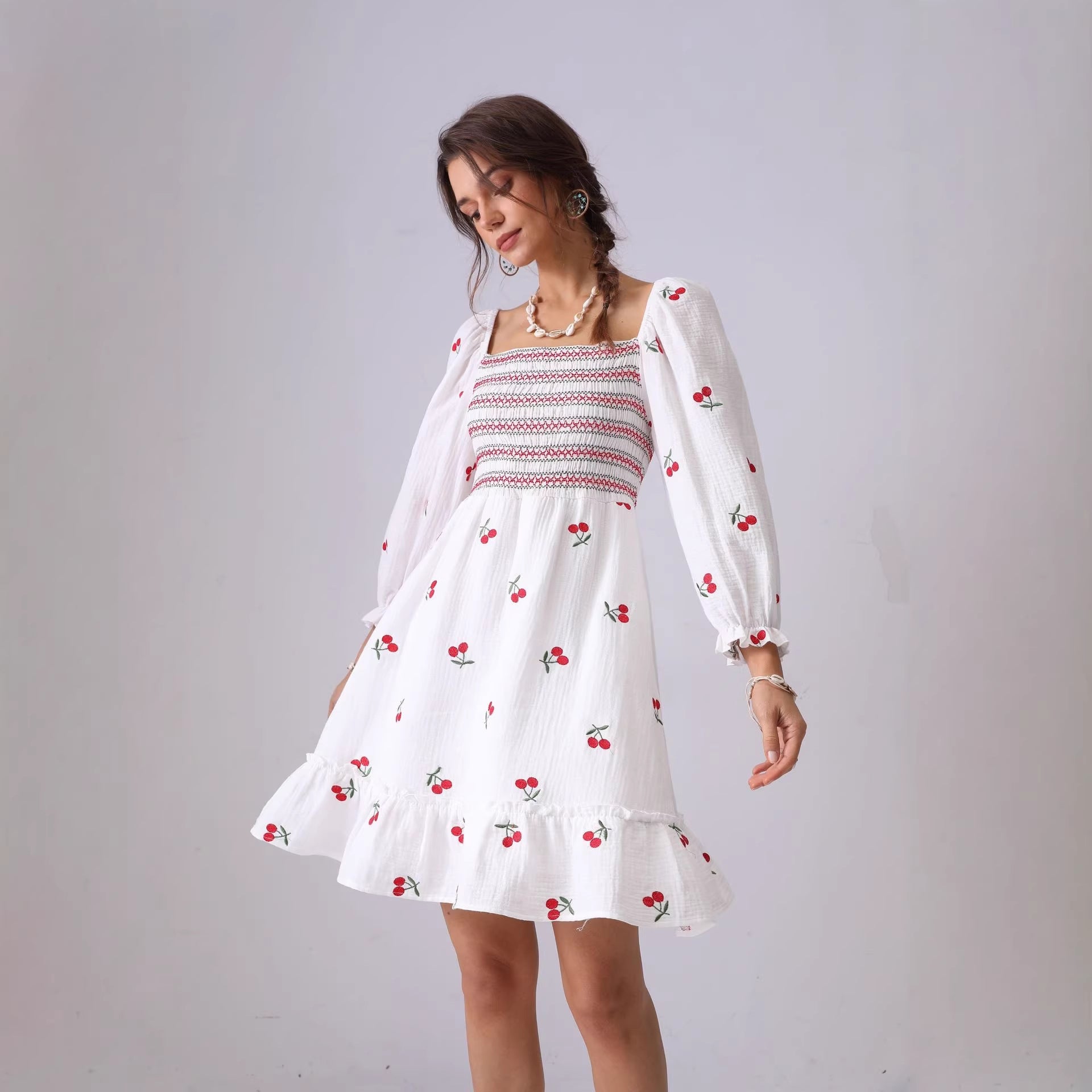 LONG SLEEVE GAUZE LOTUS SKIRT, OPEN BACK PRINTED MAXI