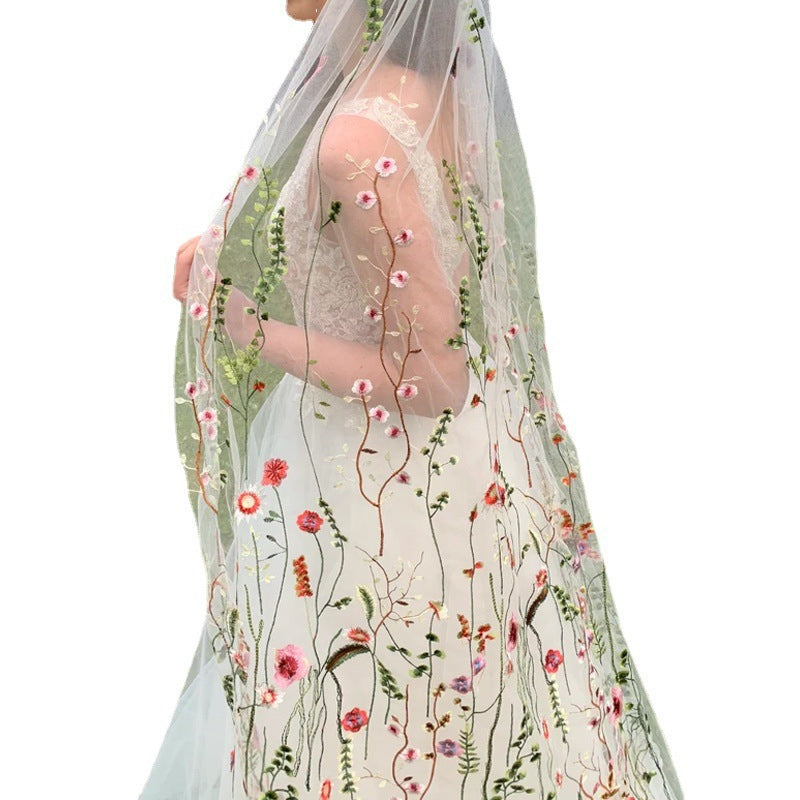 VINTAGE WHITE TULLE WILDFLOWER EMBROIDERY LONG BRIDAL VEIL
