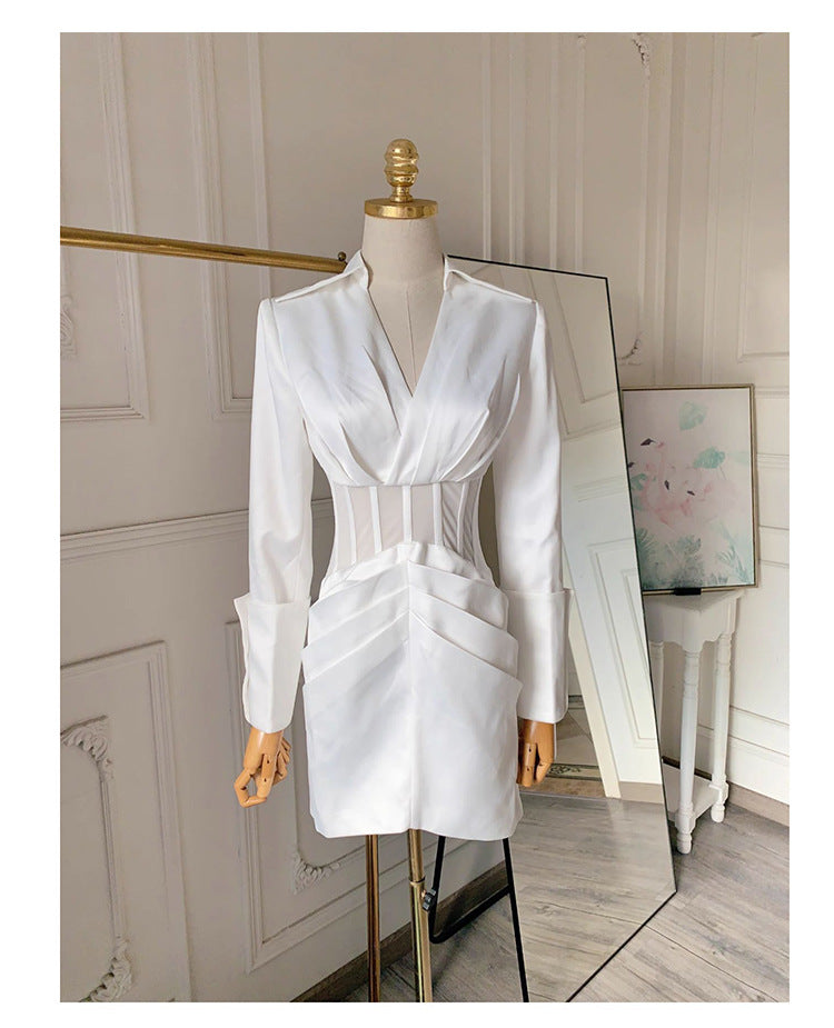 ALYSSA WHITE SEE-THROUGH FISHBONE BLAZER MINI DRESS