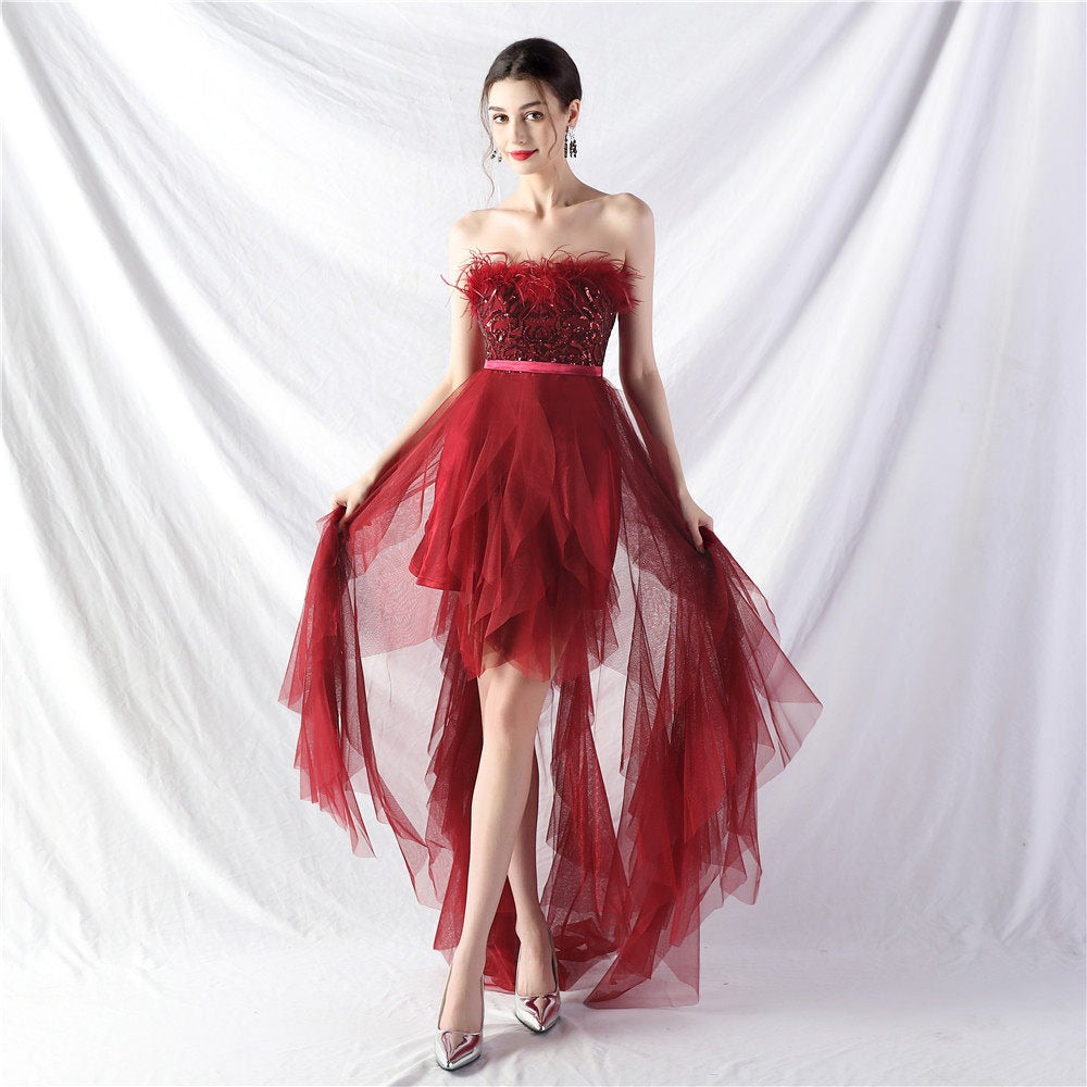 STRAPLESS SEQUIN TULLE MIDI DRESS FOR PARTY