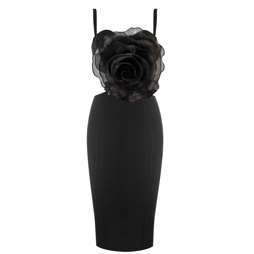 JACEY MESH FLOWER BANDAGE MIDI DRESS