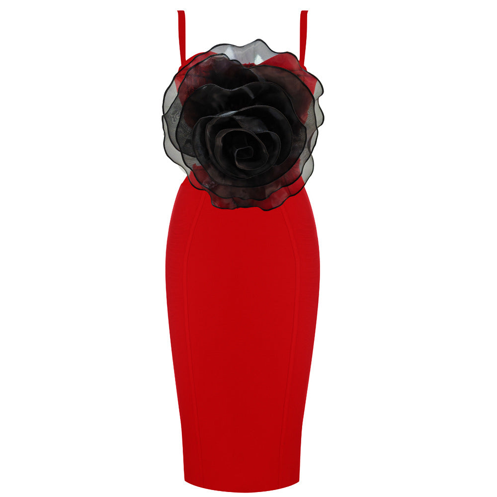 JACEY MESH FLOWER BANDAGE MIDI DRESS
