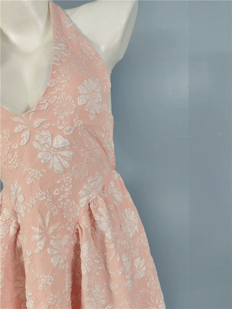 PINK JACQUARD HALTERNECK OPEN BACK SWING MIDI DRESS