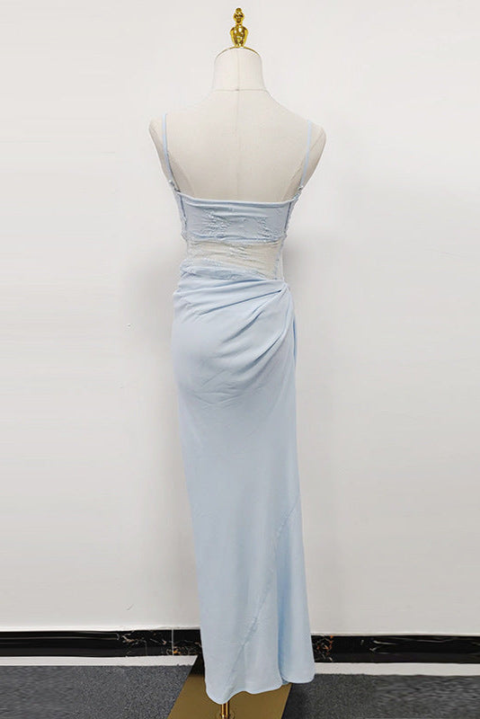 RUFFLED PLEATED SUSPENDER MAXI DRESS, BLUE