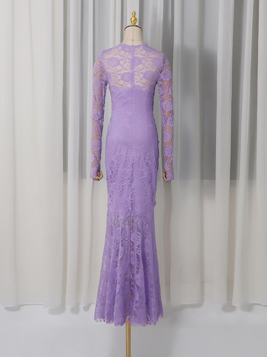 PENNY LACE RUCHED BODYCON MAXI DRESS IN PURPLE