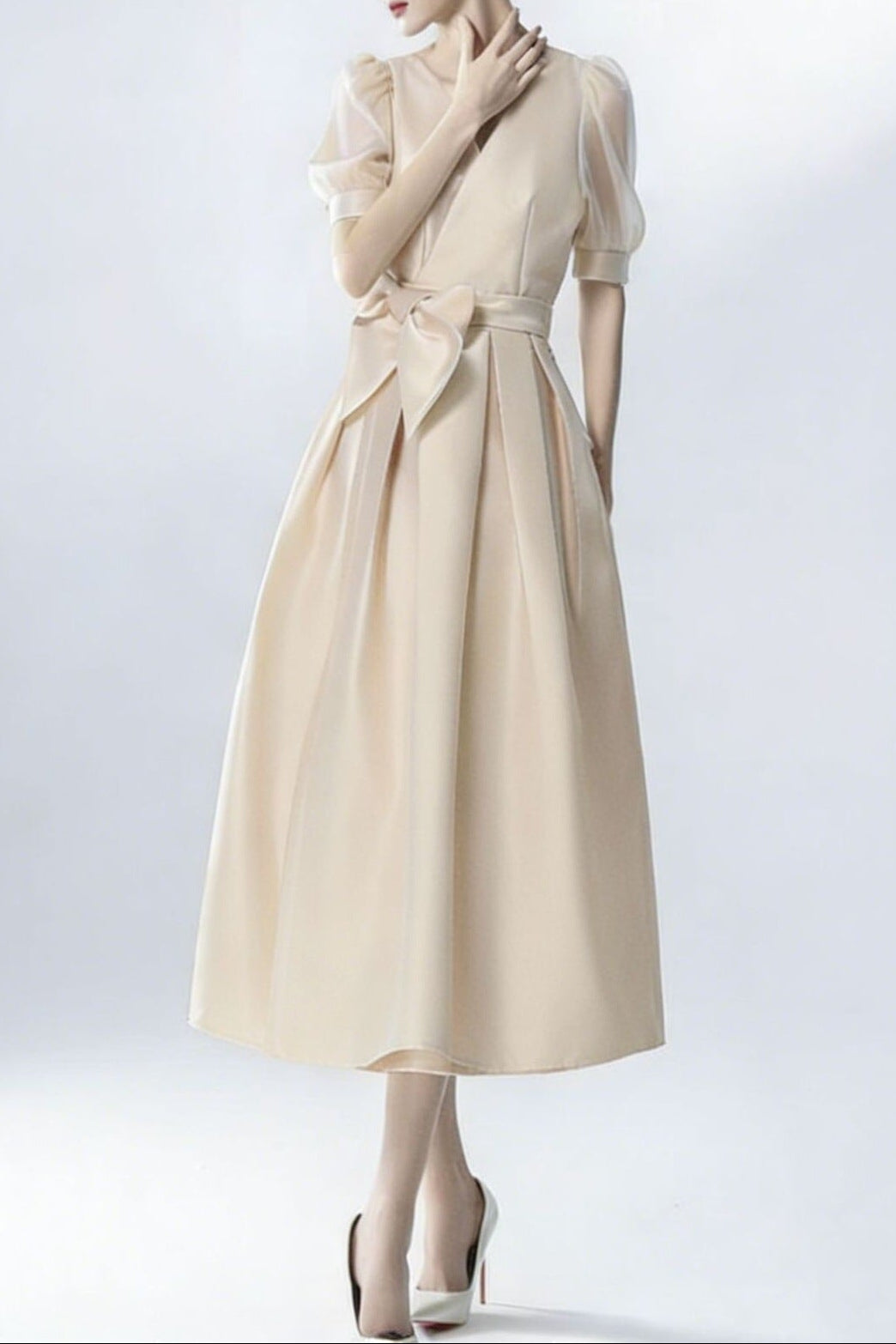 SATIN PUFF SLEEVE BOW BELT MIDI DRESS
