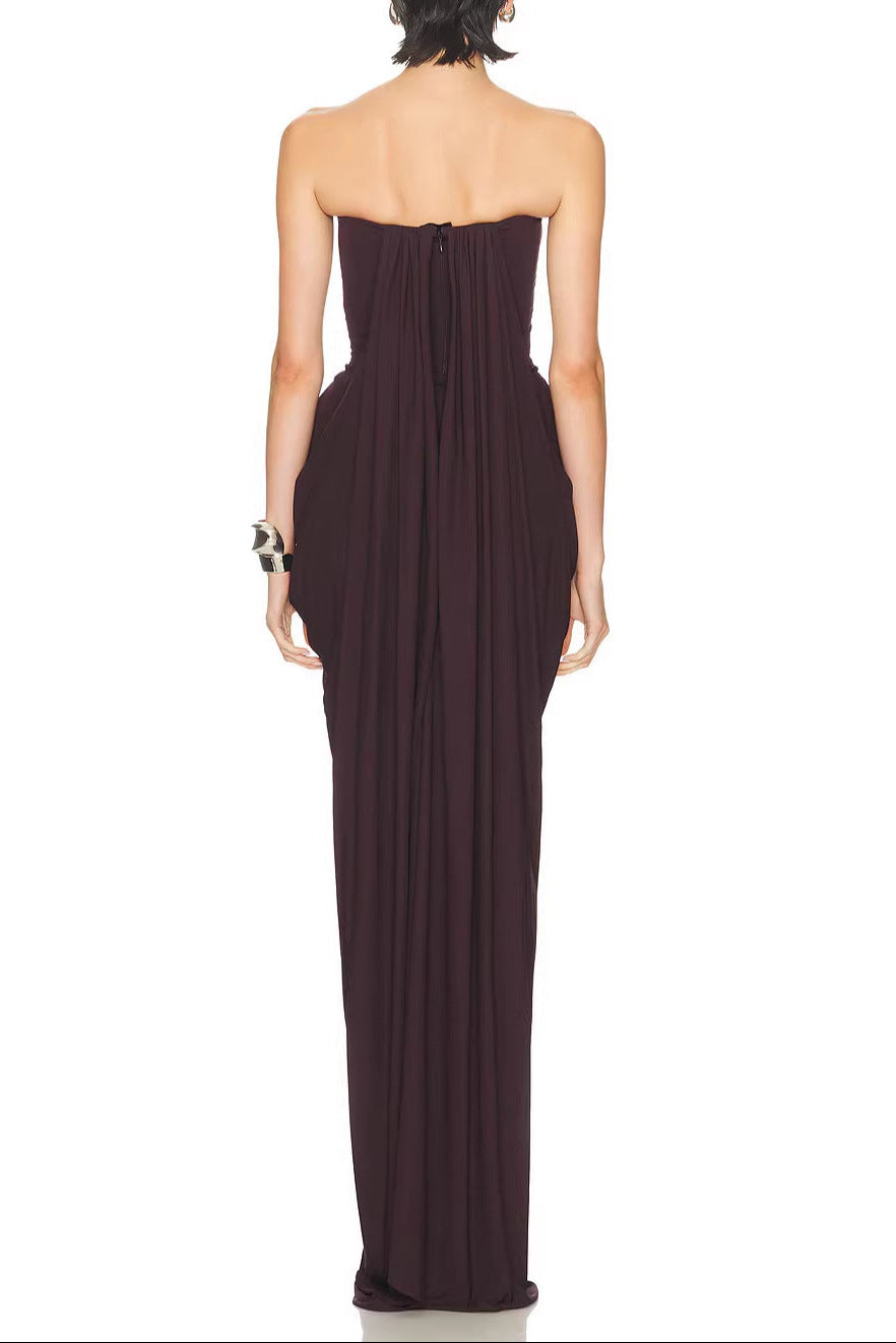 SIMONA BROWN STRAPLESS PLEATED GOWN