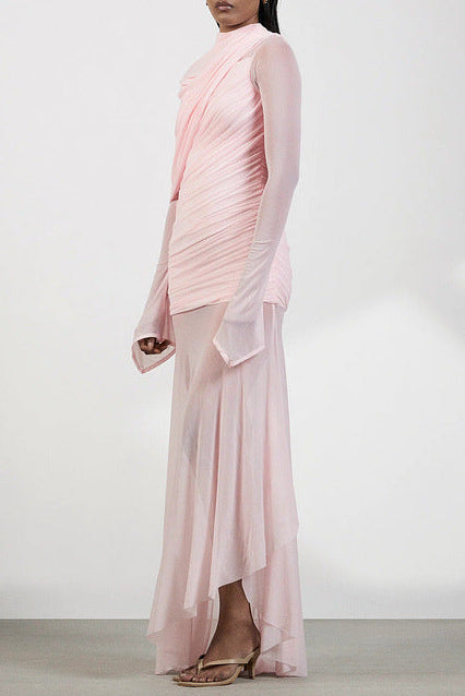 HIGH-NECK PLEATED MESH MAXI DRESS, PINK