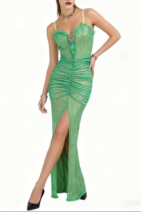 BERTHA GREEN SEQUIN HIGH SLIT PLEATED MAXI DRESS