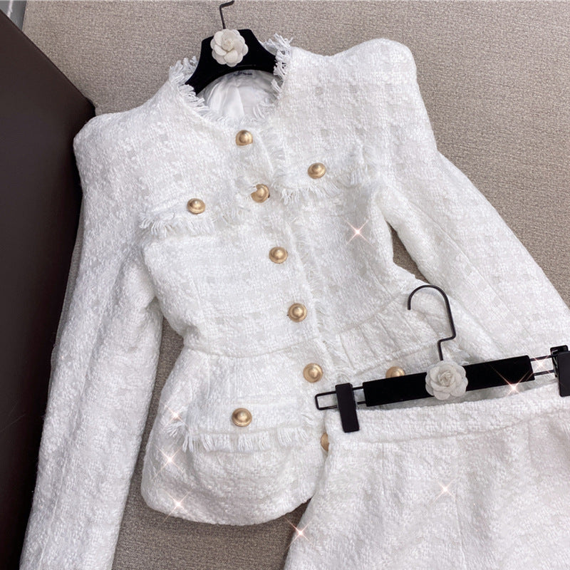 METAL BUTTON WOOL SHORTS SET - WHITE OFFICE WEAR