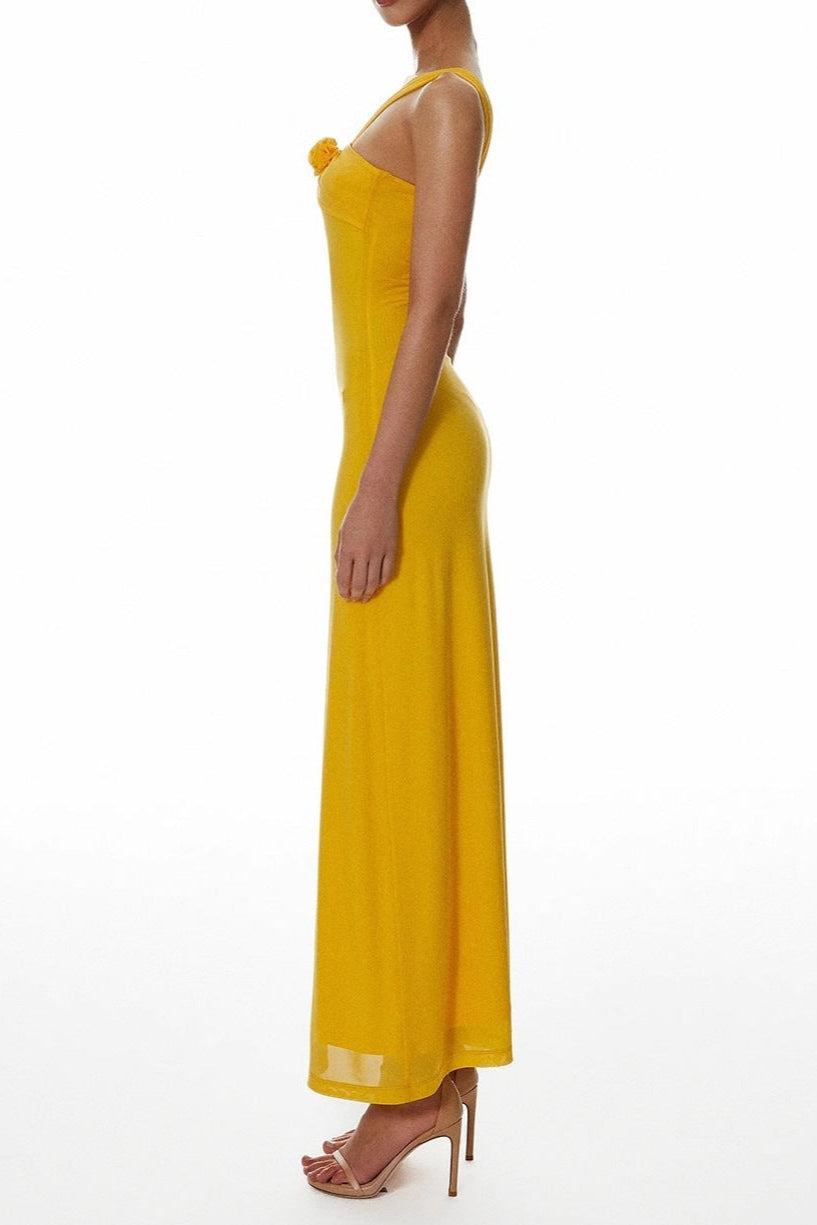 ONE-SHOULDER YELLOW FLOWER A-LINE MAXI DRESS