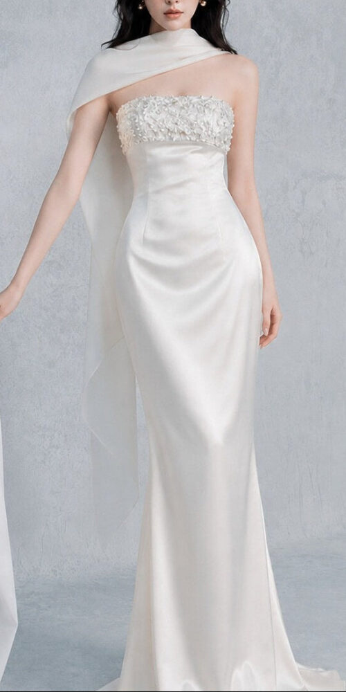 sylvia rhinestone embellish strapless satin maxi dress - white