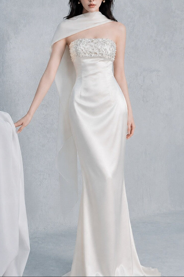 SYLVIA RHINESTONE STRAPLESS SATIN MAXI DRESS - WHITE