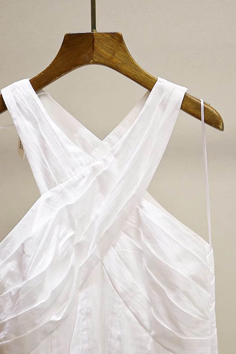 HIGH CROSSOVER V-NECK PLEATED MAXI DRESS WHITE