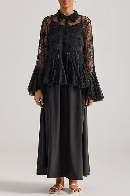 O1CN01fiwHP51raNhjtaLtr__2220744455647-0-cib TIFFANY BLACK LACE BELL SLEEVE RUFFLE EMBROIDERED MAXI SKIRT SET