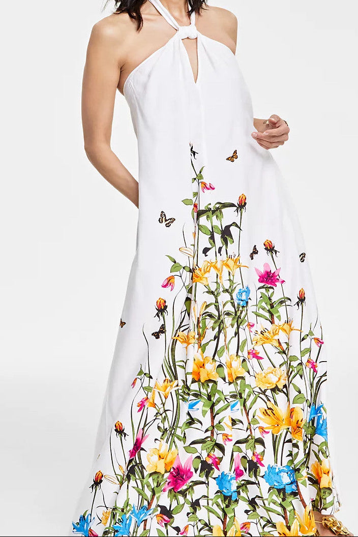 WHITE FLORAL BUTTERFLY HALTER MAXI DRESS