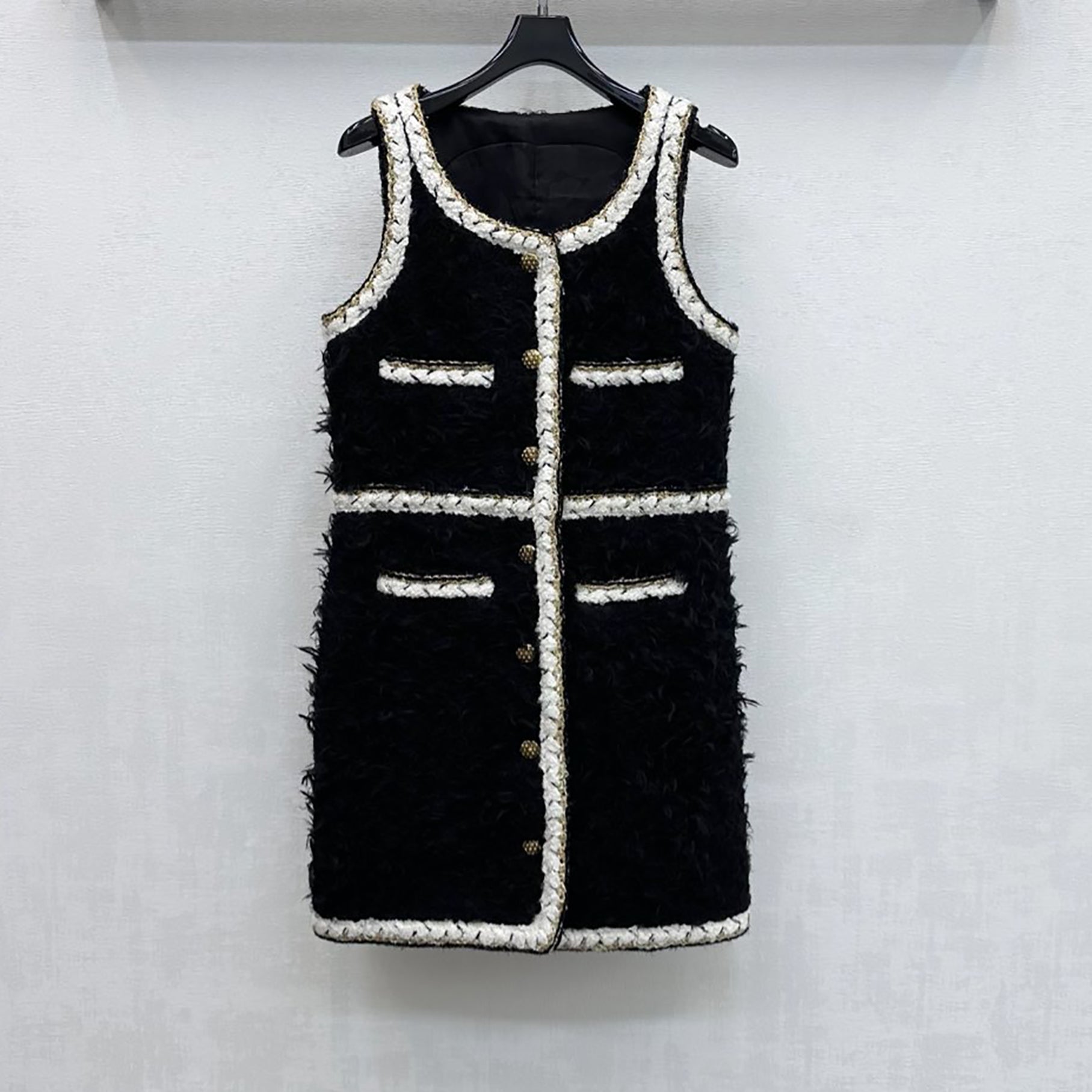 BLACK WOOL TWEED SLEEVELESS MINI COCKTAIL DRESS