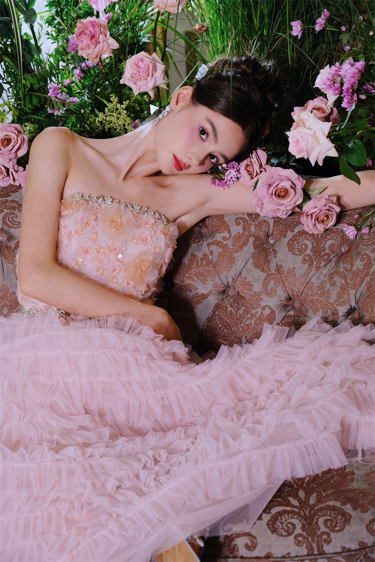 PINK PRINCESS RUFFLE MIDI STRAPLESS FLORAL DRESS