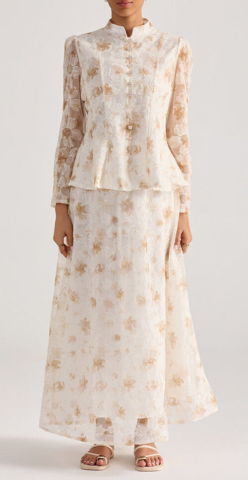 rebecca yellow Floral embroidered long-sleeve top skirt set rebecca yellow Floral embroidered long-sleeve top skirt set