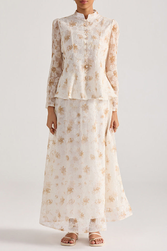 REBECCA YELLOW FLORAL EMBROIDERED LONG-SLEEVE TOP SKIRT SET