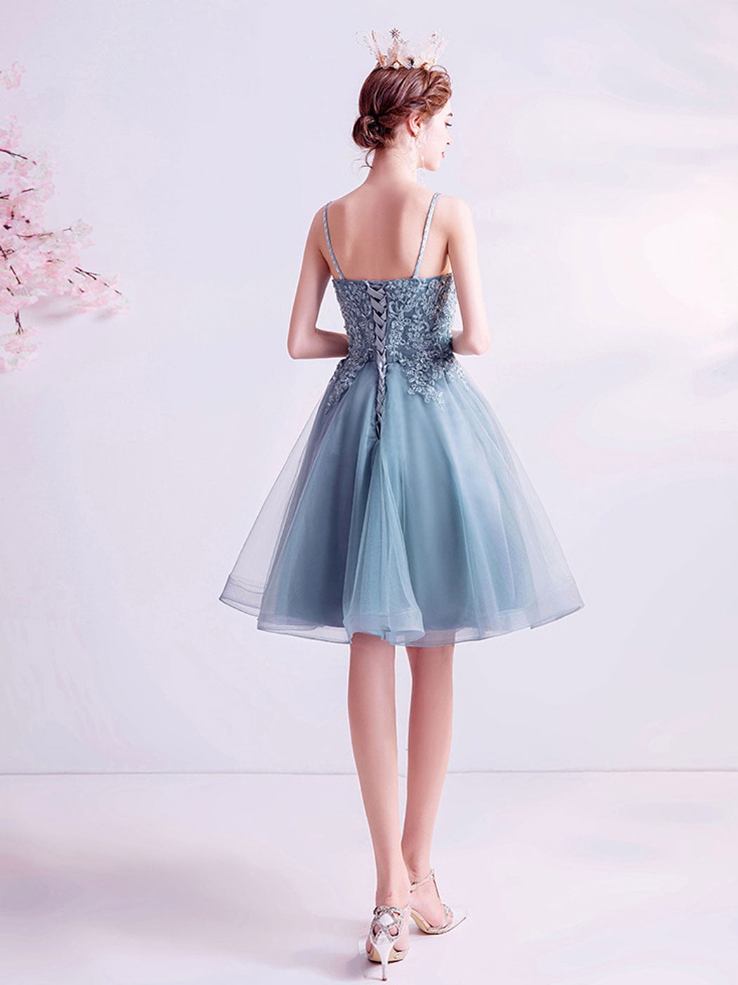 GRAY BLUE SEQUIN MIDI PROM DRESS
