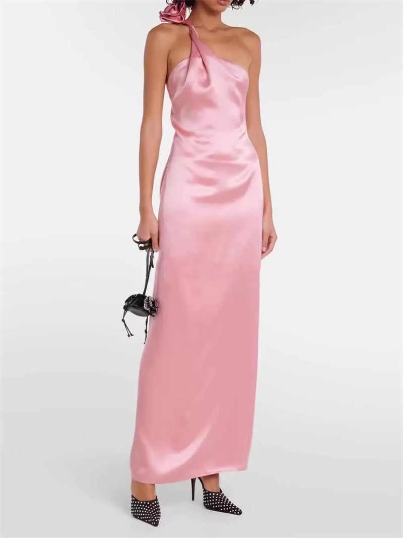 YVONNE ONE-SHOULDER 3D FLOWER SATIN MAXI DRESS PINK