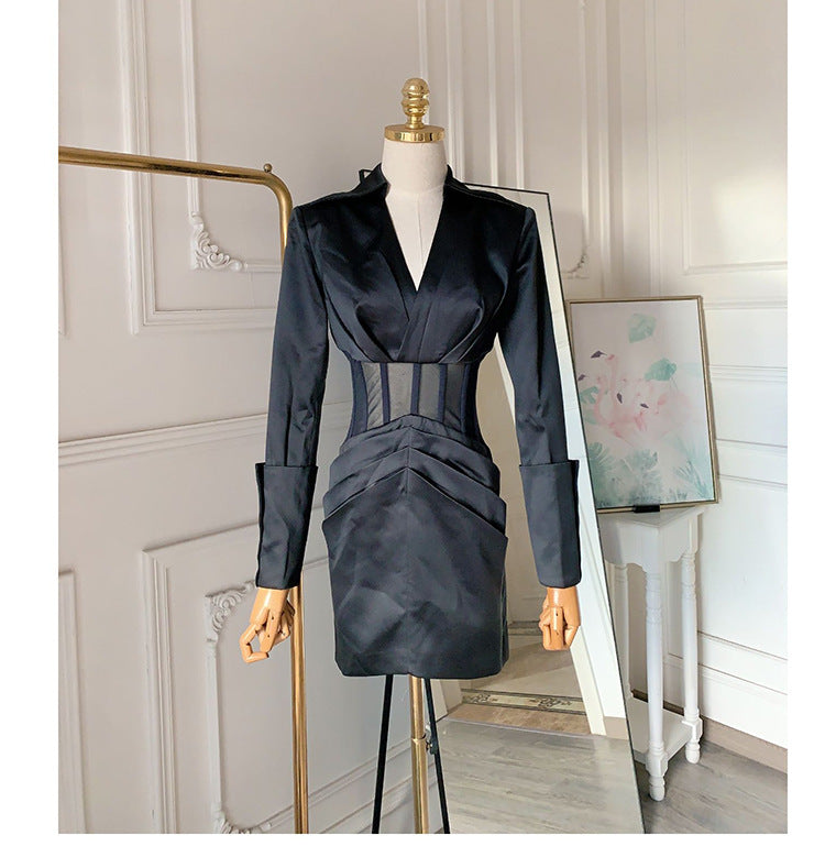 ALYSSA BLACK SEE-THROUGH FISHBONE BLAZER MINI DRESS