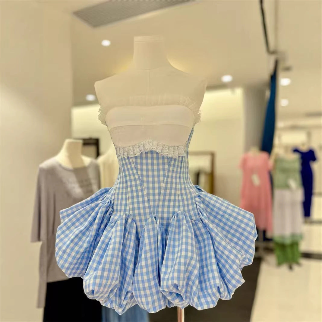 STEPHANIE PLAID STRAPLESS PUFFY MINI DRESS - BLUE