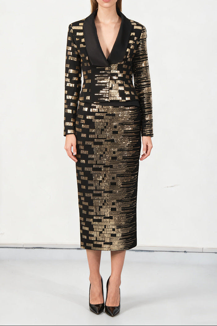 O1CN01g7kM7R1OeOIQ2T2Zd__2205289861730-0-cib HIGH-WAISTED BLACK SKIRT SUIT, GOLD SEQUIN BLAZER