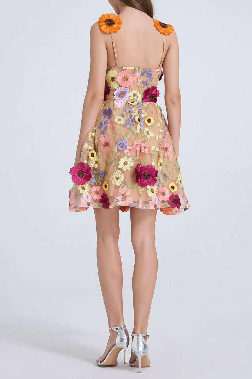 GEORGIA 3D FLORAL LACE MINI DRESS APRICOT