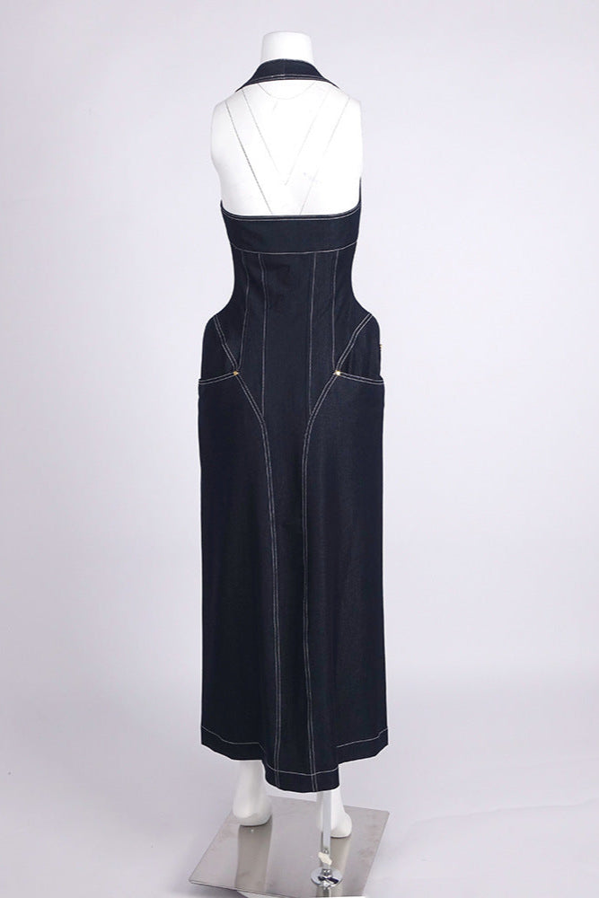 NAVY BLUE HALTER CORSET MIDI DRESS FOR WEDDING
