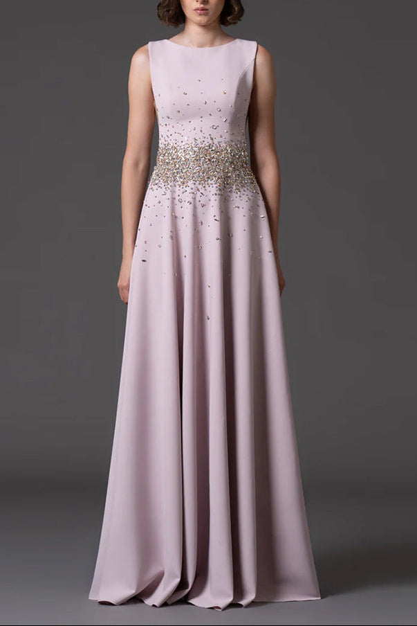 PINK BEADED RHINESTONE SLEEVELESS MAXI DRESS